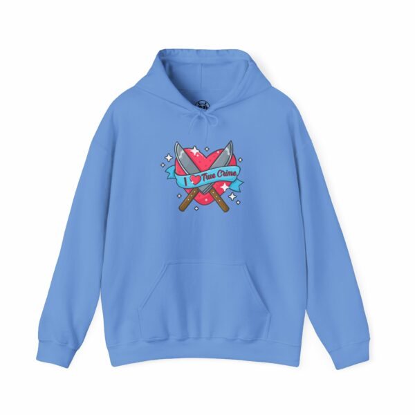 This image shows an adorable hand-drawn hoodie, I Love True Crime Hoodie, which is available to purchase from HunnieByte.com