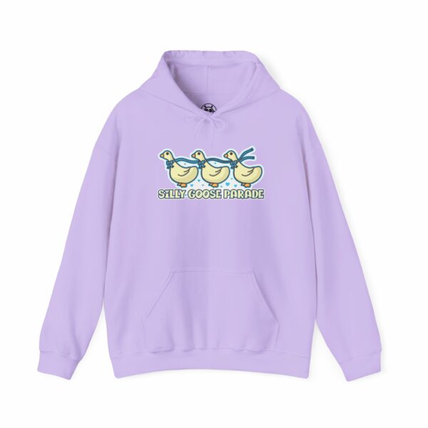 This image shows an adorable hand-drawn hoodie, Silly Goose Parade Hoodie, which is available to purchase from HunnieByte.com