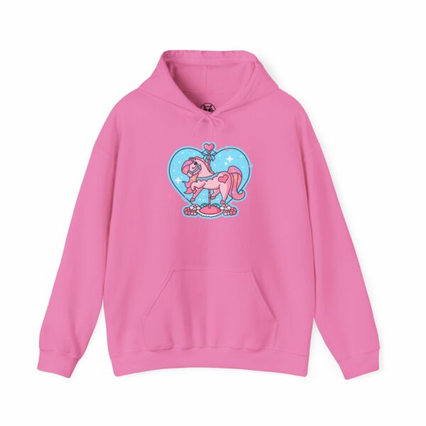 This image shows an adorable hand-drawn hoodie, Twinkle Heart Carousel Horse Hoodie, which is available to purchase from HunnieByte.com