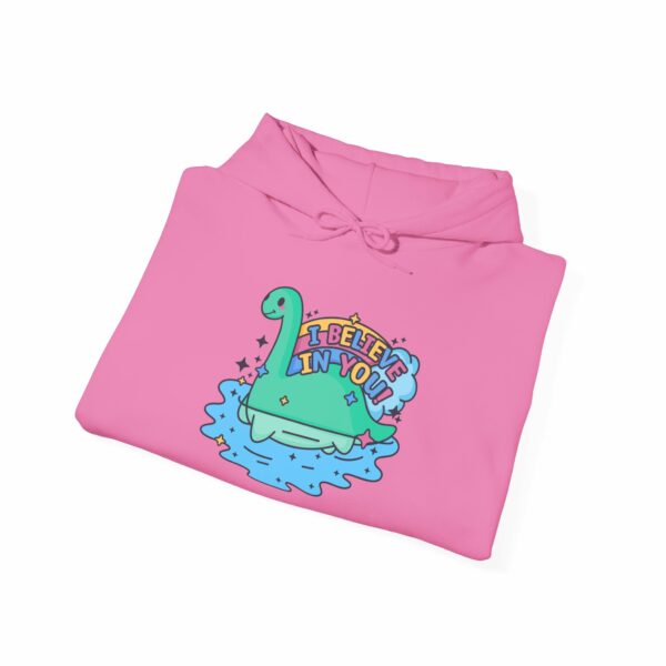 This image shows an adorable hand-drawn hoodie, I Believe In You Nessie Hoodie, which is available to purchase from HunnieByte.com