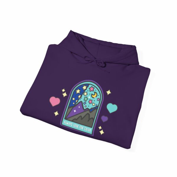 This image shows an adorable hand-drawn hoodie, Always Look For Color Hoodie, which is available to purchase from HunnieByte.com