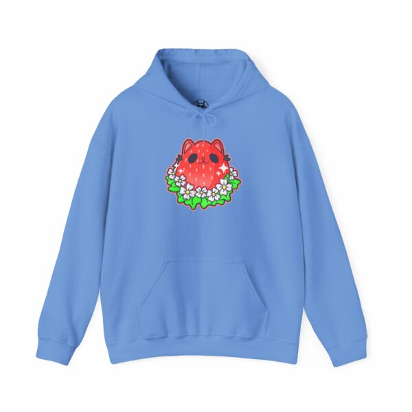 This image shows an adorable hand-drawn hoodie, Kitty Berry Hoodie, which is available to purchase from HunnieByte.com