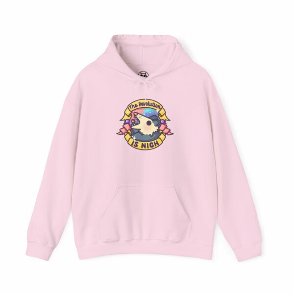 This image shows an adorable hand-drawn hoodie, The Revolution Is Nigh Possum Hoodie, which is available to purchase from HunnieByte.com