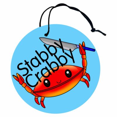 This image shows a hand-drawn adorable air freshener, Stabby Crabby Air Freshener, which is available to purchase from HunnieByte.com