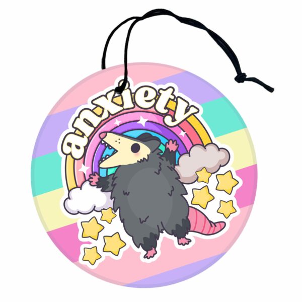 This image shows an adorable hand-drawn air freshener, Anxiety Rainbow Possum Air Freshener, which is available to purchase from HunnieByte.com