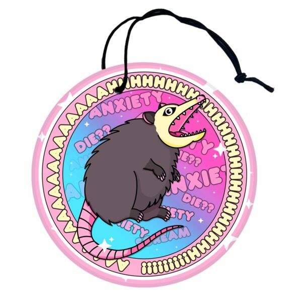 This image shows an adorable hand-drawn air freshener, Ahhh Anxiety Possum Air Freshener, which is available to purchase from HunnieByte.com