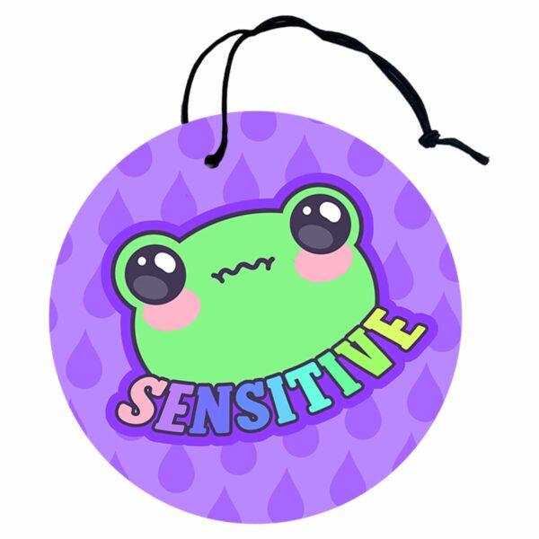 This image shows a hand-drawn adorable air freshener, Sensitive Frog Purple Air Freshener, which is available to purchase from HunnieByte.com