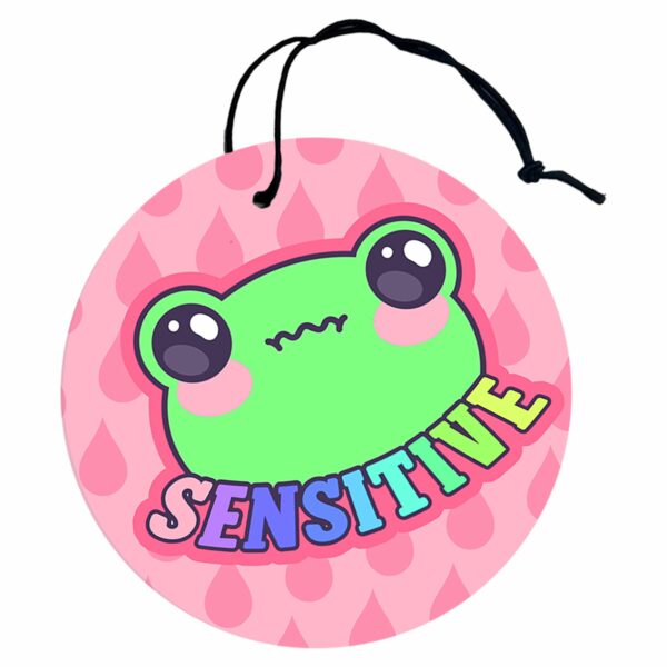 This image shows a hand-drawn adorable air freshener, Sensitive Frog Pink Air Freshener, which is available to purchase from HunnieByte.com