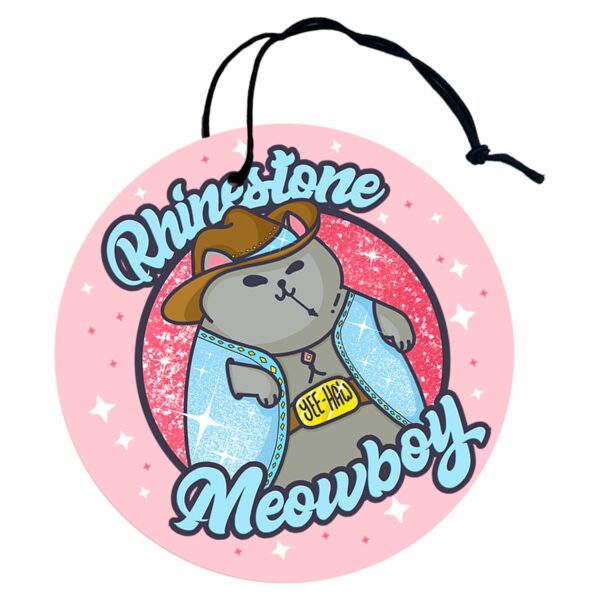 This image shows a hand-drawn adorable air freshener, Rhinestone Meowboy Air Freshener, which is available to purchase from HunnieByte.com