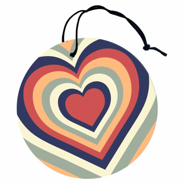 This image shows a hand-drawn adorable air freshener, Retro Hearts Air Freshener, which is available to purchase from HunnieByte.com