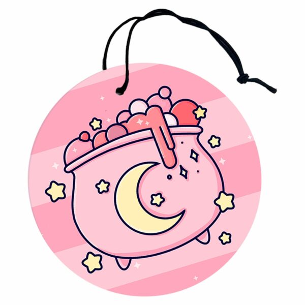 This image shows a hand-drawn adorable air freshener, Pink Moon Cauldron Air Freshener, which is available to purchase from HunnieByte.com