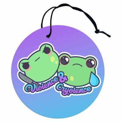 This image shows a hand-drawn adorable air freshener, Violence and Cryolence Frog Air Freshener, which is available to purchase from HunnieByte.com