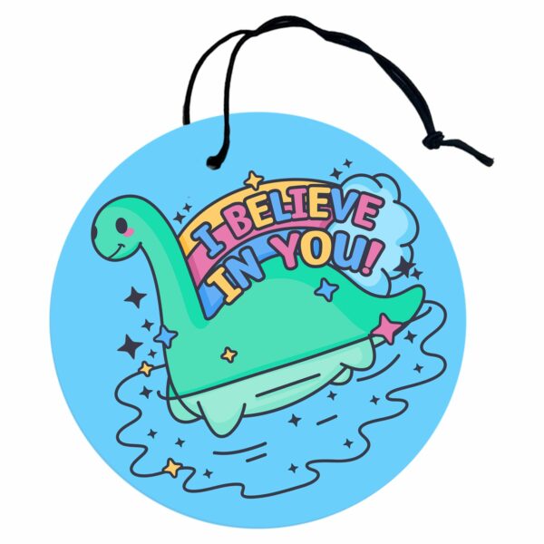 This image shows a hand-drawn adorable air freshener, Nessie I Believe In You Air Freshener, which is available to purchase from HunnieByte.com