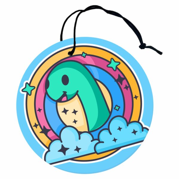 This image shows a hand-drawn adorable air freshener, Nessie Smile Air Freshener, which is available to purchase from HunnieByte.com