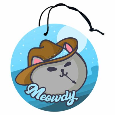 This image shows a hand-drawn adorable air freshener, Meowdy Meowboy Air Freshener, which is available to purchase from HunnieByte.com