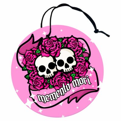 This image shows a hand-drawn adorable air freshener, Memento Mori Air Freshener, which is available to purchase from HunnieByte.com