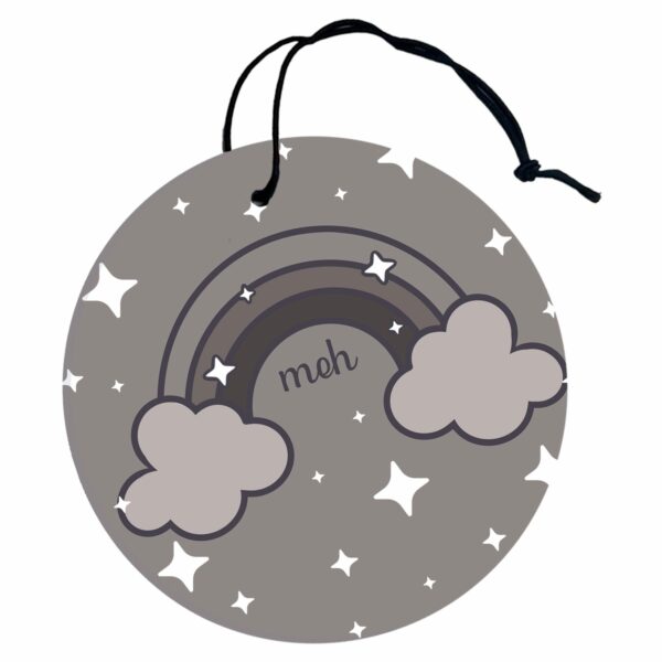 This image shows a hand-drawn adorable air freshener, Meh Rainbow Grayscale Air Freshener, which is available to purchase from HunnieByte.com