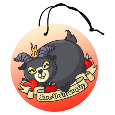 This image shows a hand-drawn adorable air freshener, Live Deliciously Air Freshener, which is available to purchase from HunnieByte.com