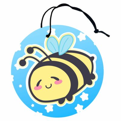 This image shows a hand-drawn adorable air freshener, Little Bee Air Freshener, which is available to purchase from HunnieByte.com