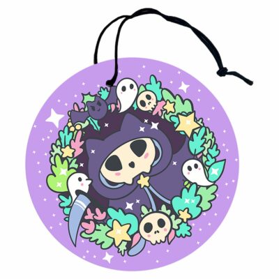 This image shows a hand-drawn adorable air freshener, Kitty Reaper Air Freshener, which is available to purchase from HunnieByte.com