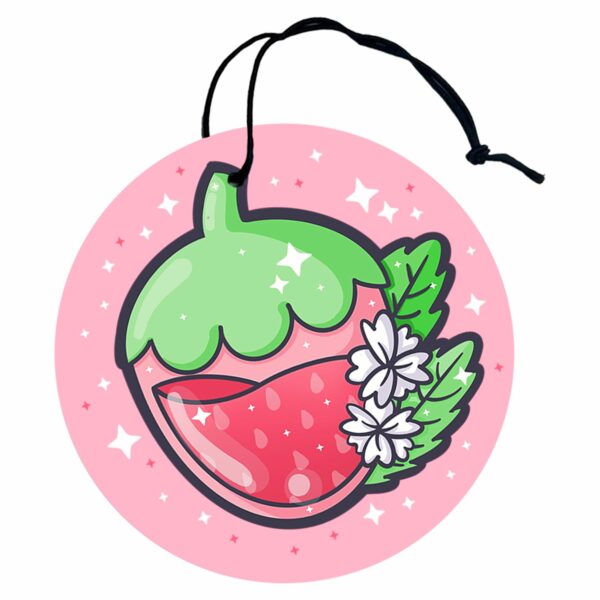 This image shows a hand-drawn adorable air freshener, Juicy Strawberry Air Freshener, which is available to purchase from HunnieByte.com