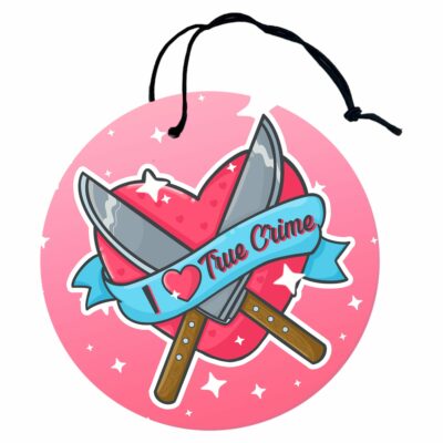 This image shows a hand-drawn adorable air freshener, I Love True Crime Air Freshener, which is available to purchase from HunnieByte.com