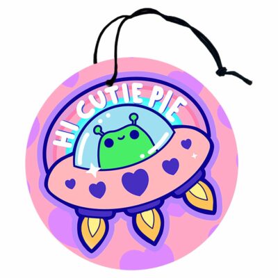 This image shows a hand-drawn adorable air freshener, Hi Cutie Pie Alien Air Freshener, which is available to purchase from HunnieByte.com