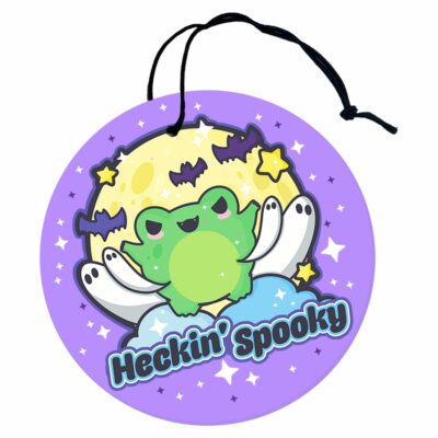 This image shows a hand-drawn adorable air freshener, Heckin Spooky Purple Air Freshener, which is available to purchase from HunnieByte.com