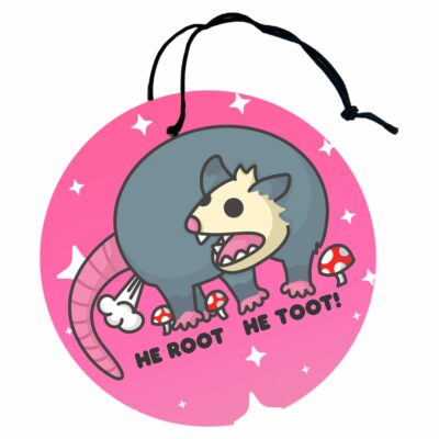 This image shows a hand-drawn adorable air freshener, He Root He Toot Possum Air Freshener, which is available to purchase from HunnieByte.com