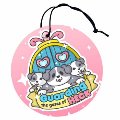 This image shows a hand-drawn adorable air freshener, Guarding The Gates Of Heck Air Freshener, which is available to purchase from HunnieByte.com