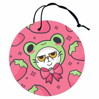 This image shows a hand-drawn adorable air freshener, Grumpy Strawberry Cat Air Freshener, which is available to purchase from HunnieByte.com