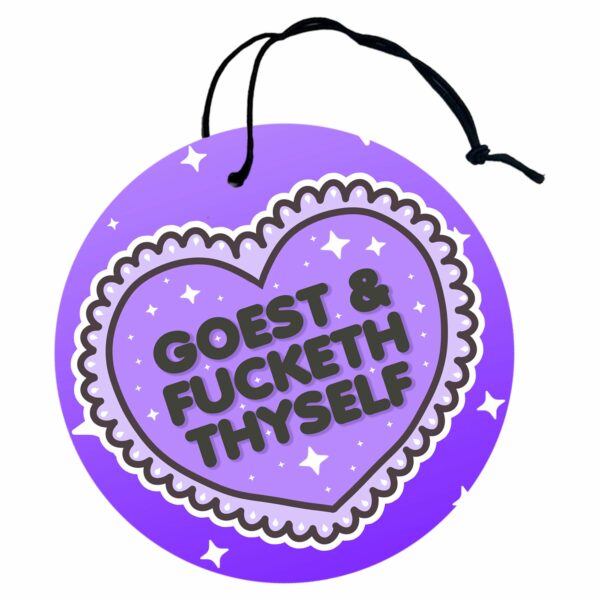 This image shows a hand-drawn adorable air freshener, Goest And Fucketh Thyself Purple Air Freshener, which is available to purchase from HunnieByte.com