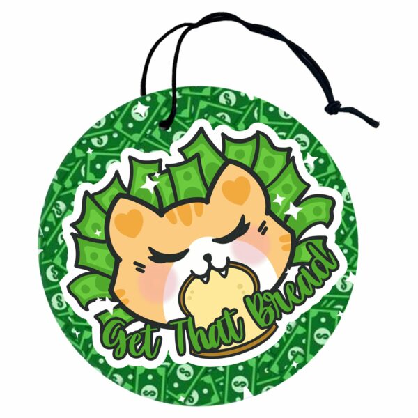 This image shows a hand-drawn adorable air freshener, Get That Bread Kitty Air Freshener, which is available to purchase from HunnieByte.com