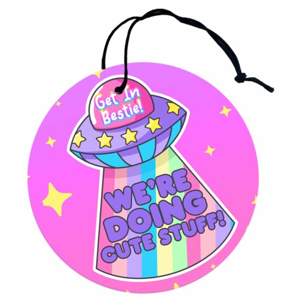 This image shows a hand-drawn adorable air freshener, Get In Bestie UFO Air Freshener, which is available to purchase from HunnieByte.com