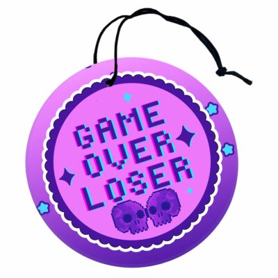 This image shows a hand-drawn adorable air freshener, Game Over Loser Air Freshener, which is available to purchase from HunnieByte.com