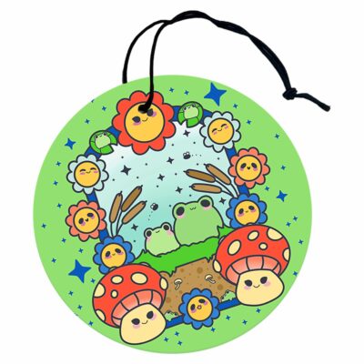 This image shows a hand-drawn adorable air freshener,Frog Paradise Air Freshener, which is available to purchase from HunnieByte.com