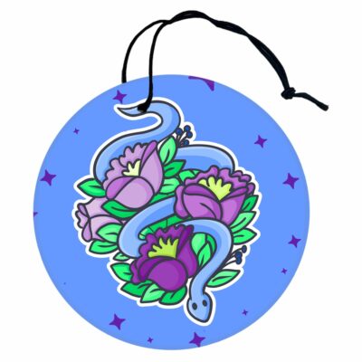 This image shows a hand-drawn adorable air freshener, Floral Snake Air Freshener, which is available to purchase from HunnieByte.com