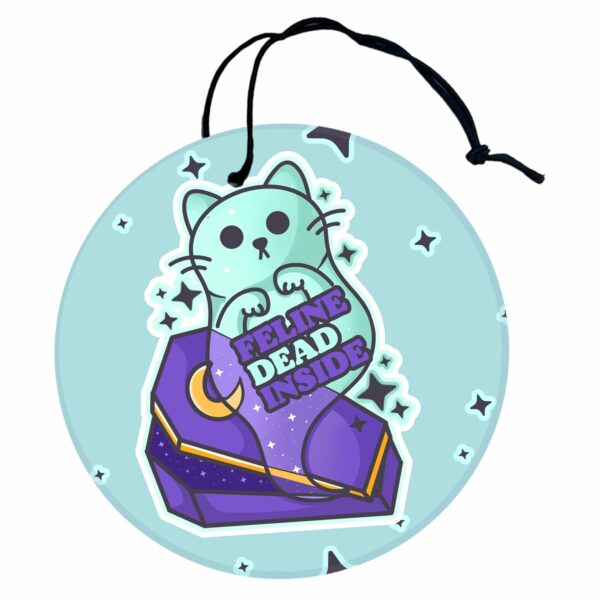 This image shows a hand-drawn adorable air freshener, Feline Dead Inside Kitty Air Freshener, which is available to purchase from HunnieByte.com