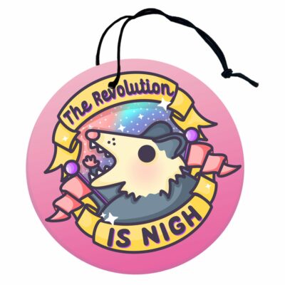 This image shows a hand-drawn adorable air freshener, The Revolution Is Nigh Possum Air Freshener, which is available to purchase from HunnieByte.com