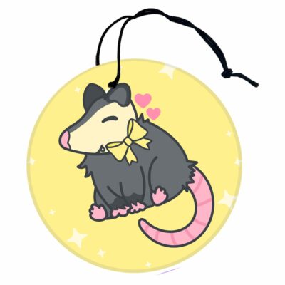 This image shows a hand-drawn adorable air freshener, Fancy Possum Air Freshener, which is available to purchase from HunnieByte.com