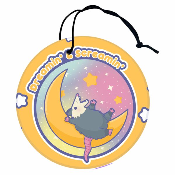 This image shows a hand-drawn adorable air freshener, Dreamin And Screamin Possum Air Freshener, which is available to purchase from HunnieByte.com