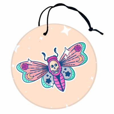 This image shows a hand-drawn adorable air freshener, Deaths Head Moth Air Freshener, which is available to purchase from HunnieByte.com