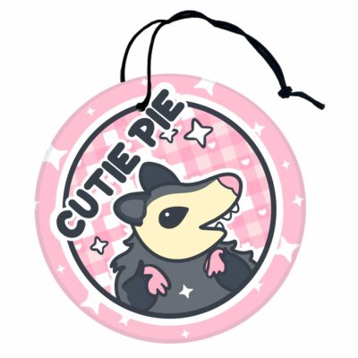 This image shows an adorable hand-drawn air freshener, Cutie Pie Possum Air Freshener, which is available to purchase from HunnieByte.com