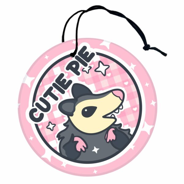 This image shows an adorable hand-drawn air freshener, Cutie Pie Possum Air Freshener, which is available to purchase from HunnieByte.com