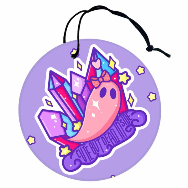 This image shows an adorable hand-drawn air freshener, Cute But Dead Inside Air Freshener, which is available to purchase from HunnieByte.com