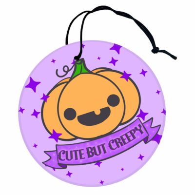 This image shows an adorable hand-drawn air freshener, Cute But Creepy Air Freshener, which is available to purchase from HunnieByte.com