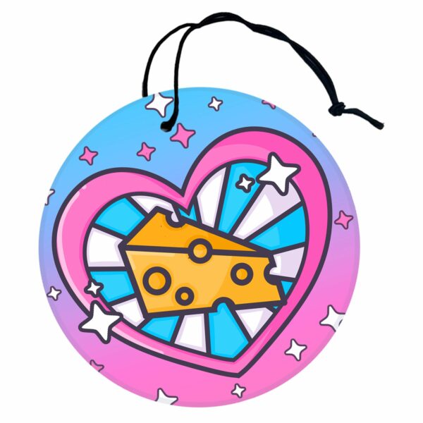 This image shows an adorable hand-drawn air freshener, Cheese Air Freshener, which is available to purchase from HunnieByte.com