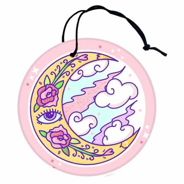 This image shows an adorable hand-drawn air freshener, Celestial Moon Air Freshener, which is available to purchase from HunnieByte.com