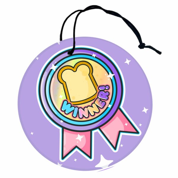 This image shows an adorable hand-drawn air freshener, Bread Winner Air Freshener, which is available to purchase from HunnieByte.com