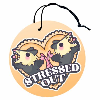 This image shows a hand-drawn adorable air freshener, Stressed Out Possum Air Freshener, which is available to purchase from HunnieByte.com